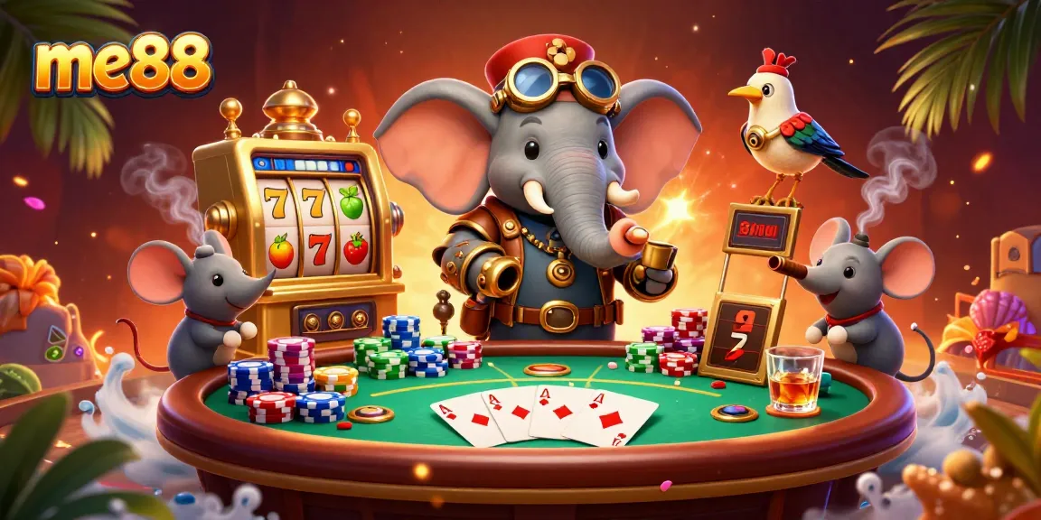 Spin to win with me88's steampunk-themed golden slot machine and vibrant casino scene.