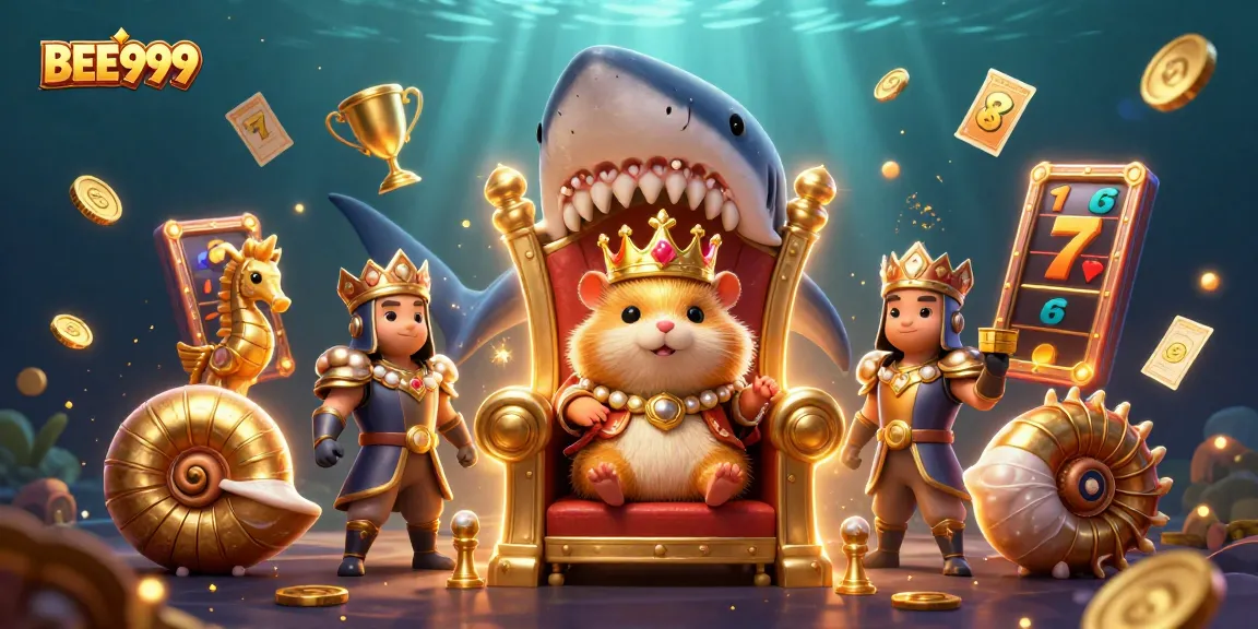 BEE999 captivates with a vibrant casino scene featuring a golden hamster king and dynamic slot elements.