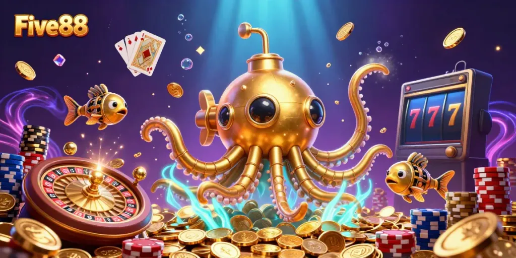 Witness the excitement at Five88 with a golden kraken submarine and dynamic casino elements.