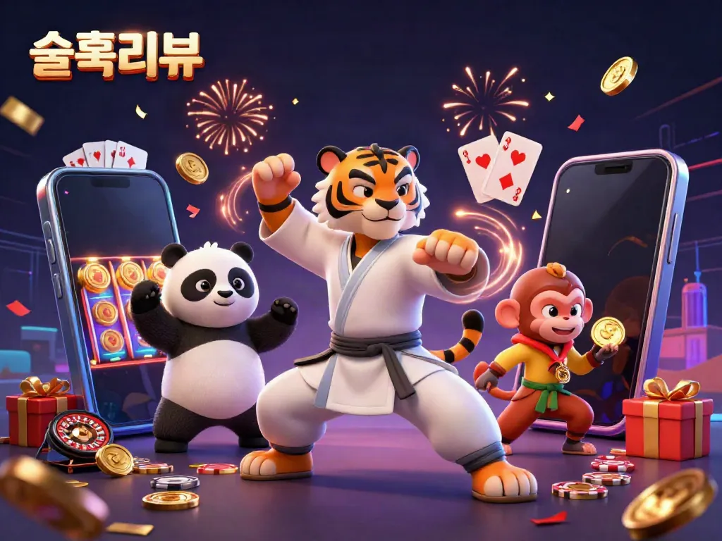 Reveal exciting 슬롯리뷰 with the cartoon kung fu tiger and friends in a vibrant casino scene.