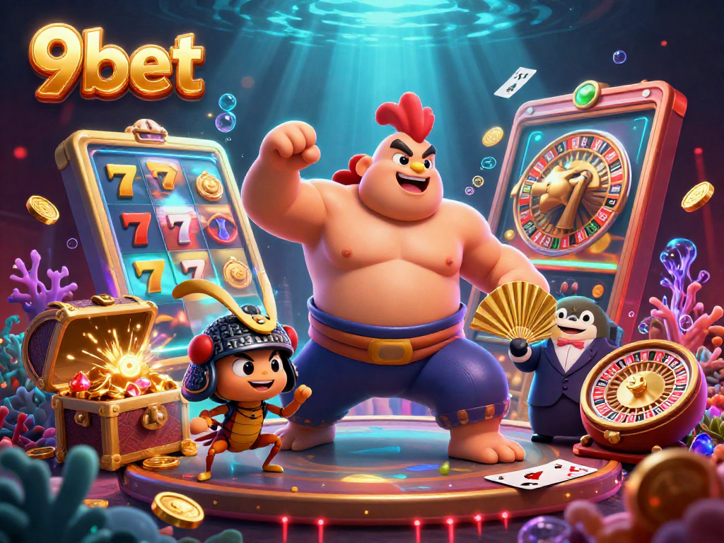Engage in thrilling gameplay with 9bet's colorful slot reels and dynamic gaming elements in this captivating scene.