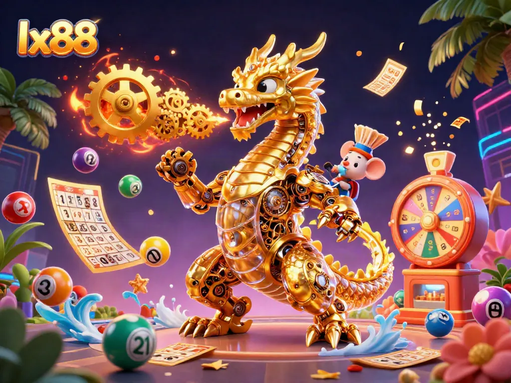 Play and win with lx88 in a vibrant lottery-themed 3D illustration showcasing jackpots.