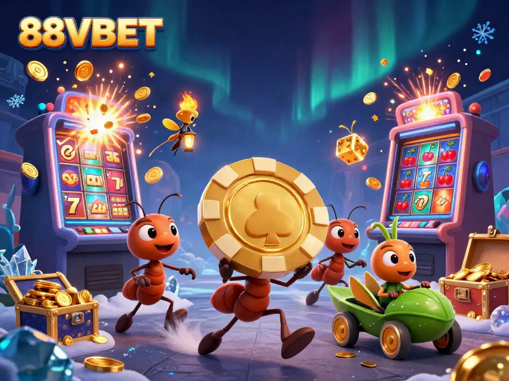 Engage with 88VBET’s thrilling heist adventure with cartoon ants, exciting jackpot visuals, and vibrant casino elements.