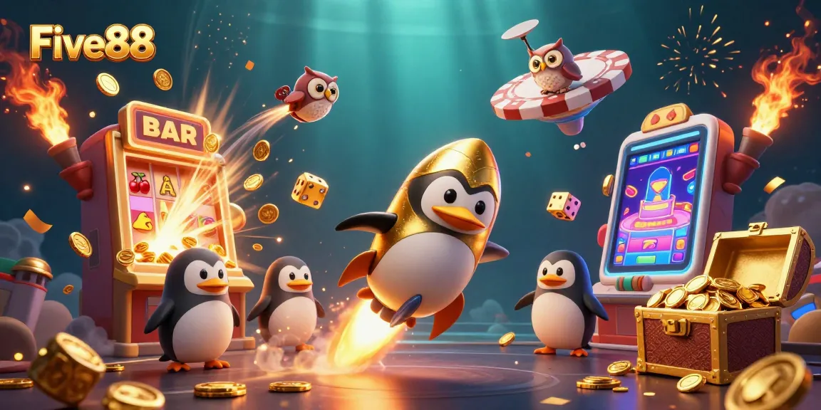 Experience excitement at Five88 with golden penguins and jackpot slot machines in a cosmic casino scene.