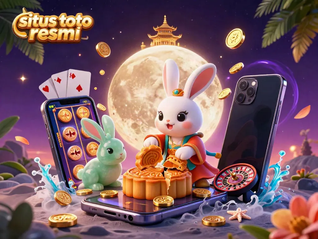A vibrant illustration of the moon rabbit revealing poker chips while surrounded by casino games, representing situs toto resmi.