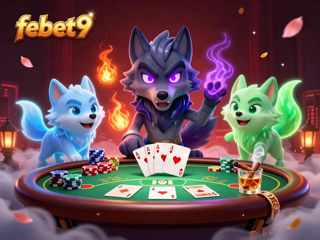 Experience engaging gameplay with febet9's mystical wolf-themed illustration around lively poker elements.