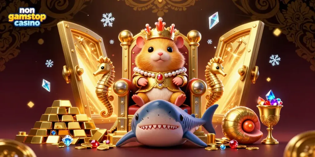 Experience the rich world of non gamstop casino with a golden hamster king on a megalodon throne and treasure.