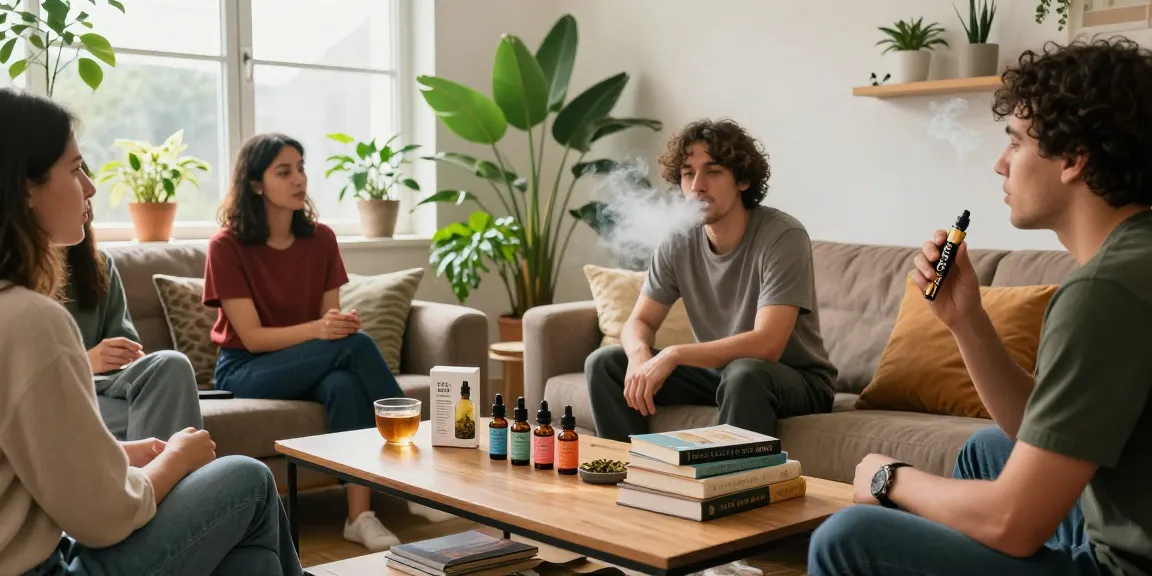Relaxed gathering with friends enjoying THC vape UK amid CBD wellness products, showcasing natural wellness and quality living.
