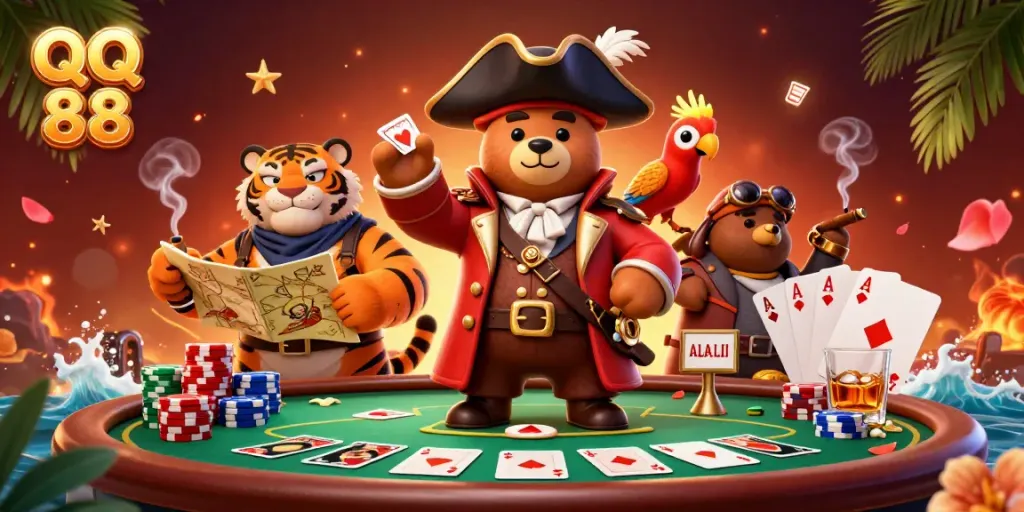Experience high stakes at QQ 88 with vibrant poker action led by animated characters in a thrilling casino scene.