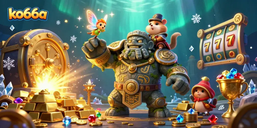 Engage in thrilling gameplay at ko66a with vibrant casino scenes featuring a stone golem and magical elements.