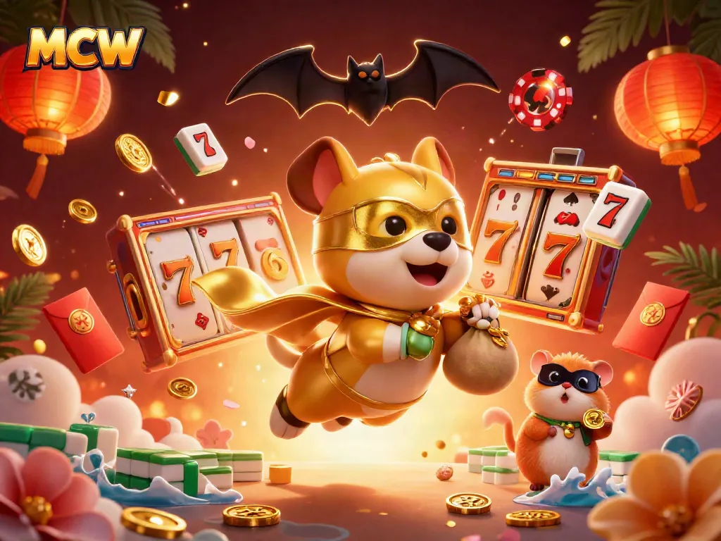 Engaging MCW casino scene showcasing a superhero dog and hamster amidst vibrant slot game elements and festive decorations.