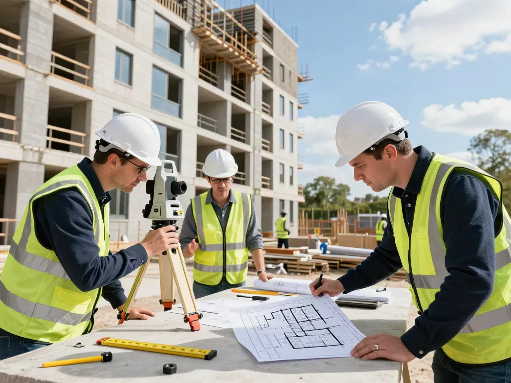 Measured Building Surveyors Surrey team conducting a survey with advanced tools on a construction site.