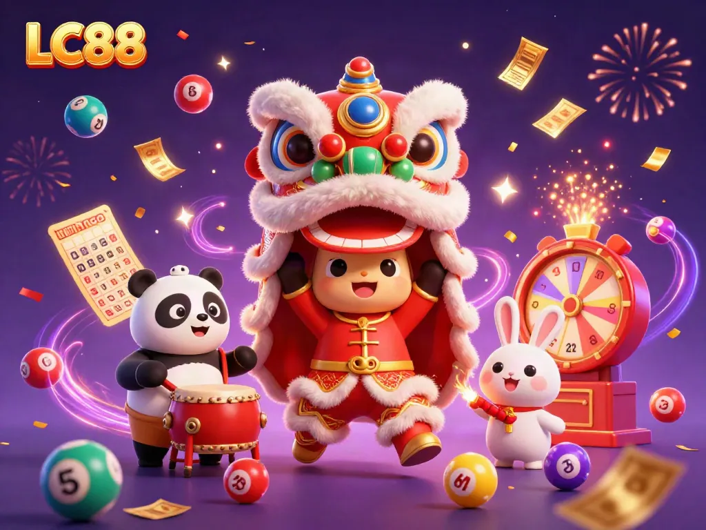 Engage in exciting lottery action with LC88’s colorful characters amidst vibrant casino elements.