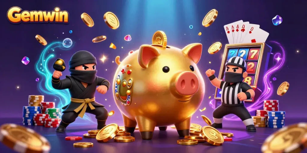 Experience the thrilling action of Gemwin with dynamic casino characters and sparkling coins.