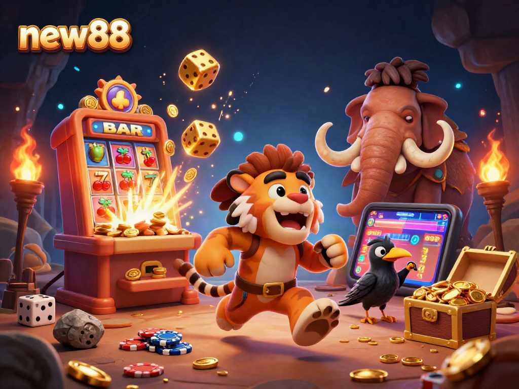 Experience thrilling gameplay with new88 in this vibrant 3D illustration showcasing a prehistoric casino atmosphere.