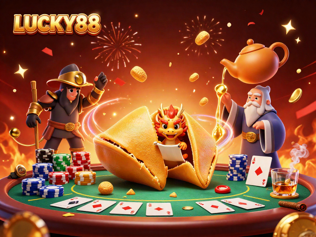 Experience the thrill of LUCKY88 through this vibrant illustration of a golden fortune cookie and dragons, set in a rich casino backdrop.