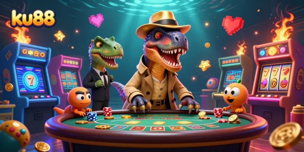 ku88 velociraptor card counter in a vibrant casino scene with animations and rich gaming elements