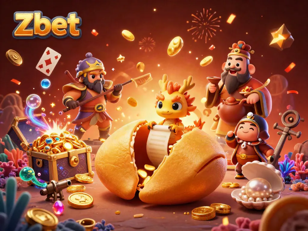 Experience thrilling gameplay at Zbet with a dynamic illustration of fortune cookies, dragons, and gold!