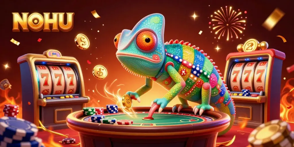 Experience the excitement of NOHU casino with an animated chameleon owner and vibrant casino elements.