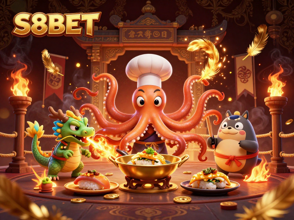 S8BET showcases innovative gaming with a sushi chef octopus and dragon in vibrant casino action