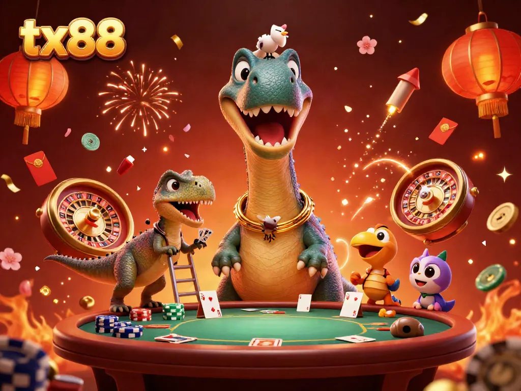 Experience the excitement of tx88 with a vibrant casino scene featuring unique dinosaur characters.