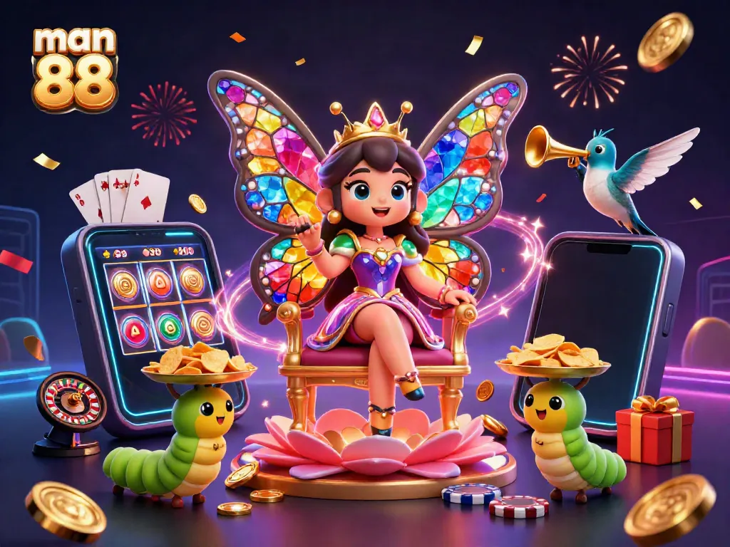 Engage with man 88's vibrant casino scene featuring 3D cartoon characters and dynamic game elements.