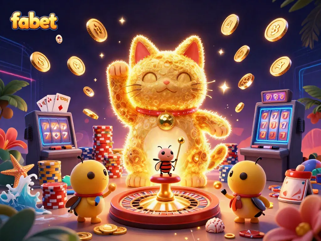 Experience vibrant casino action with fa bet featuring a lucky cat, golden coins, and spinning roulette.