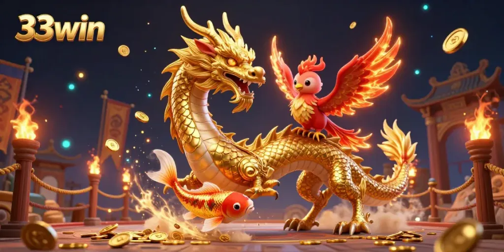 Experience thrilling wins at 33win with a captivating scene of a golden dragon and phoenix.