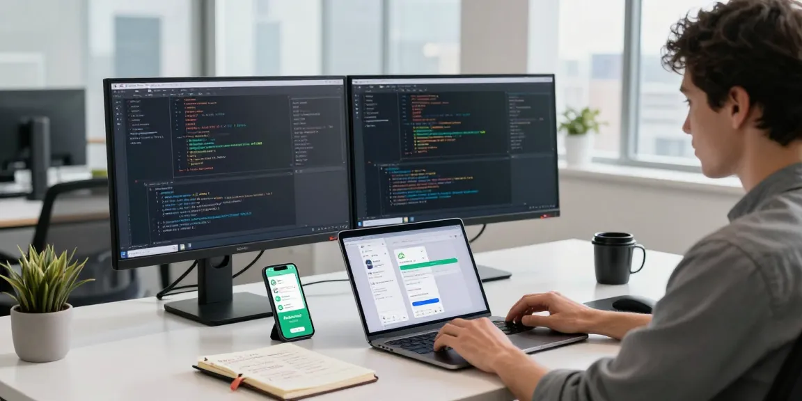 Tech workspace focused on WhatsApp下載 with coding displays and modern office setup.
