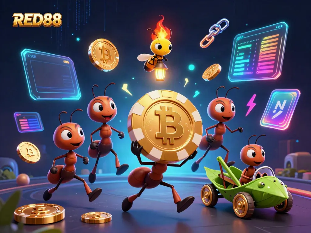 Ants executing a heist for the RED88 poker chip amidst a vibrant casino scene.