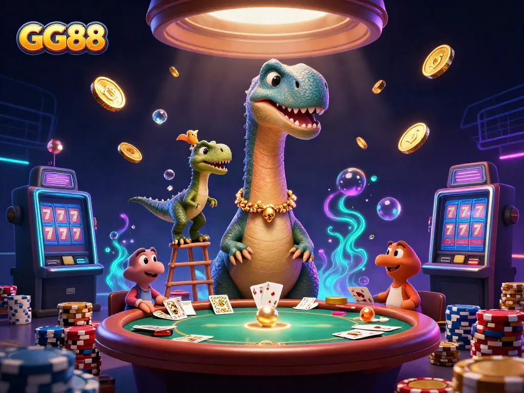 Experience the excitement of GG88 casino with a playful brontosaurus overseeing a raptor dealer in a vibrant, 3D digital world.