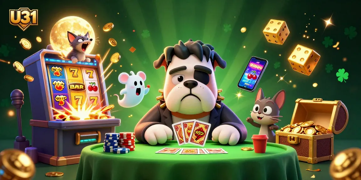 U31 attracts excitement as a Frankenstein bulldog deals cards amidst a vibrant casino scene.
