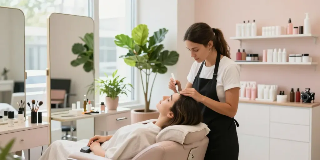Brow Lamination Colchester service being applied in a bright beauty salon setting.