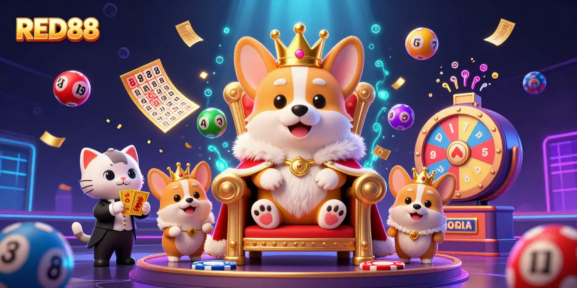 Engage with the thrilling atmosphere of RED88 as royal corgi takes the throne amid vibrant gaming elements.