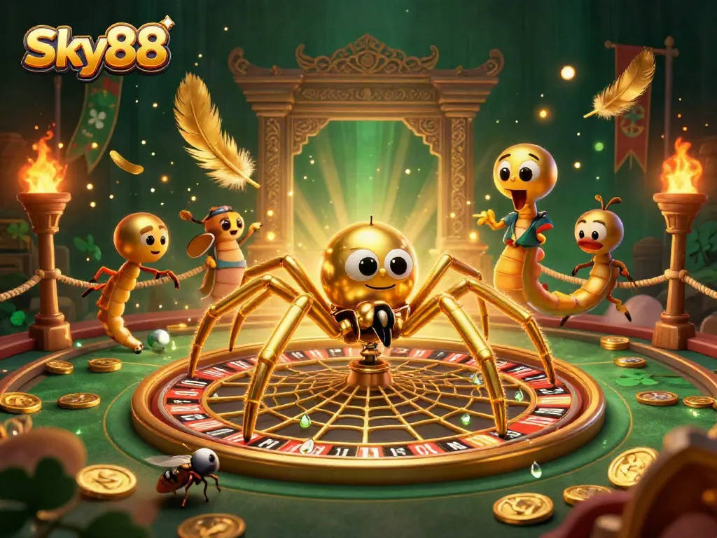 Experience thrilling roulette action at Sky88 with an engaging 3D scene of a golden spider and croupier.