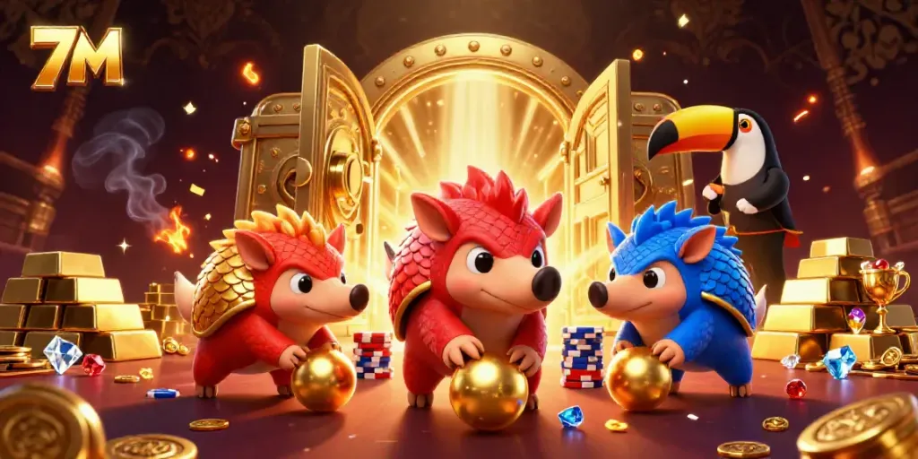 Experience dynamic gameplay with 7M, featuring rival pangolins amidst casino riches and vibrant energy.