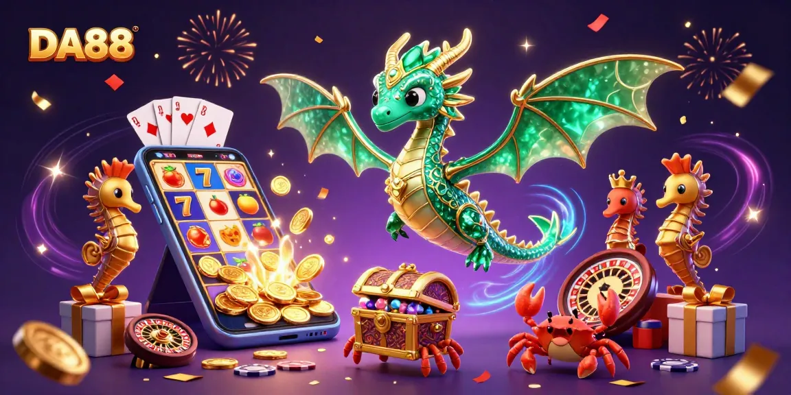 Spin the reels with DA88, surrounded by a treasure chest, sea dragon, and festive gaming elements.