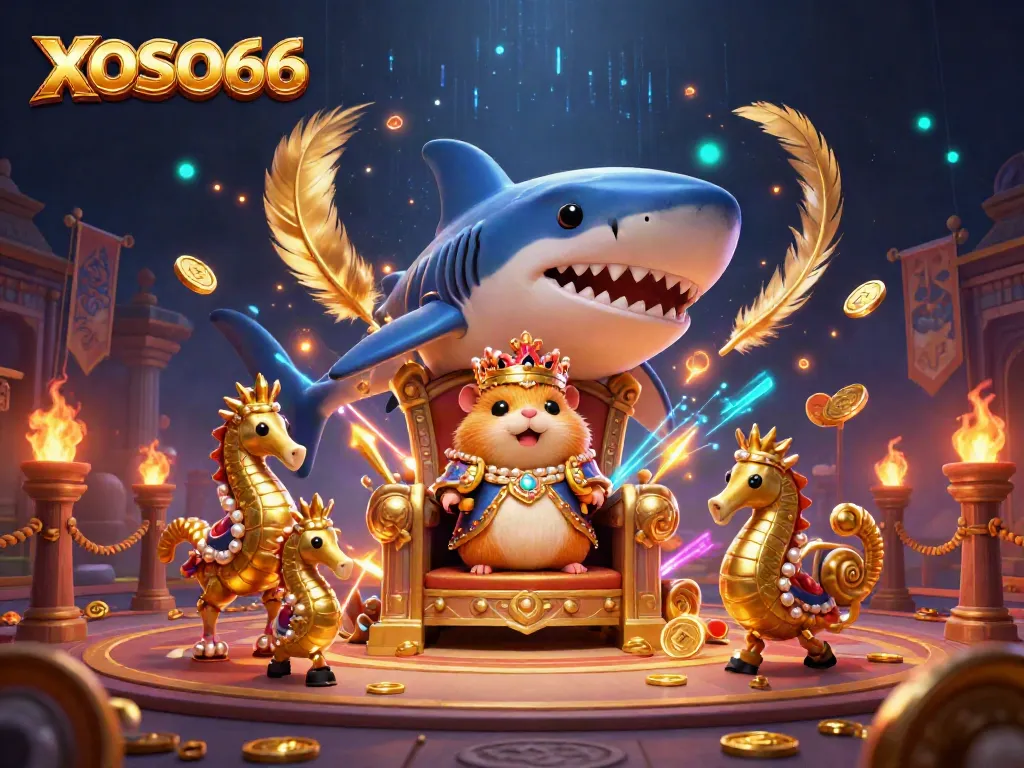 Engage with XOSO66's vibrant casino-themed 3D illustration depicting a miniature hamster king among treasure and playful elements.