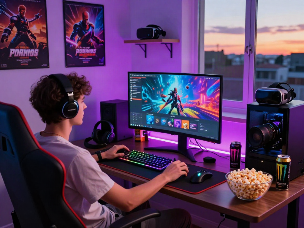 Immersive gaming setup highlighting porngames with colorful displays, vibrant atmosphere, and gaming accessories.