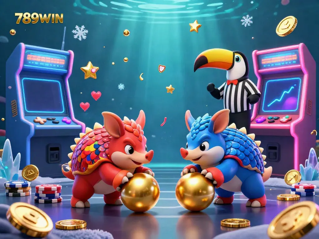 Immerse in an energetic 789WIN arcade scene with pangolins bowling through poker chips for a thrilling gaming experience.