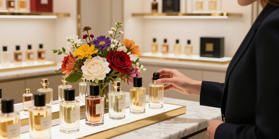 Explore Ex Nihilo fragrances in a chic boutique with elegant displays and floral accents.