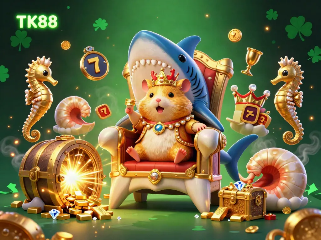TK88 thrills await in an engaging casino scene with a golden hamster king on a megalodon throne.