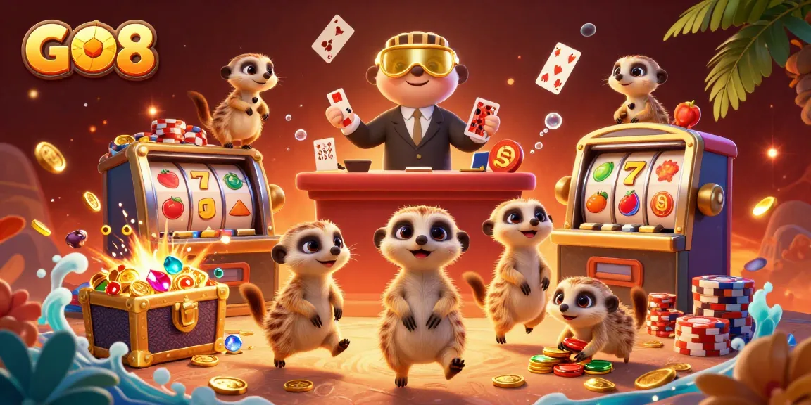 Experience the excitement of GO8's casino with meerkats managing slots, treasure, and chips.