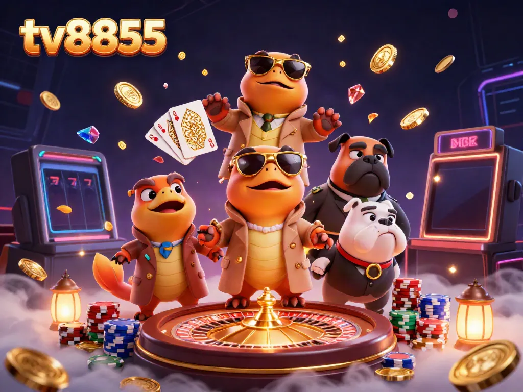 Watch playful raptors in a trench coat as they attempt to sneak into a VIP casino at tv8855, surrounded by coins and gems.