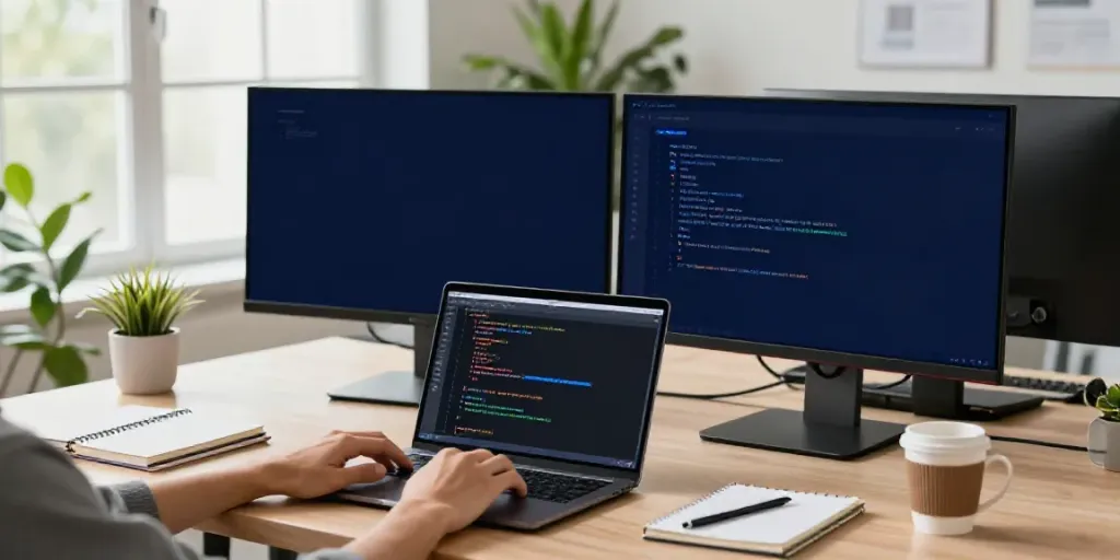 Developer coding WordPress plugins in a modern office setting.