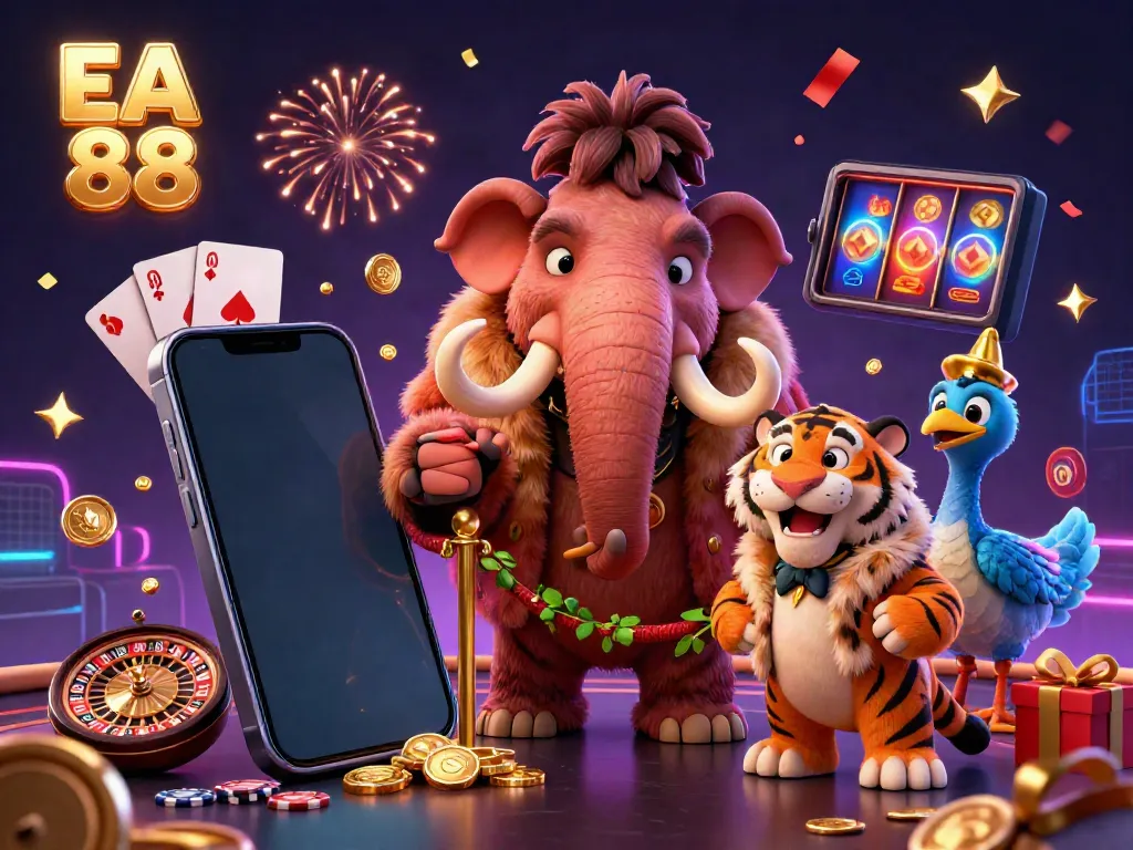 Experience gaming excitement with EA 88, featuring vibrant cartoon characters in a casino setting.
