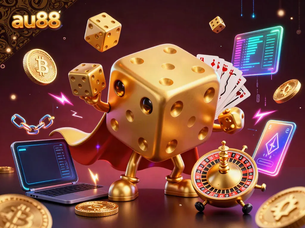 Experience dynamic gaming with au88 featuring a golden dice golem juggling dice amidst Bitcoin and Ethereum elements.
