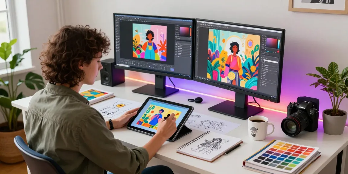 AI slut character designs being created in a vibrant art studio setting, showcasing digital illustration tools and creativity.