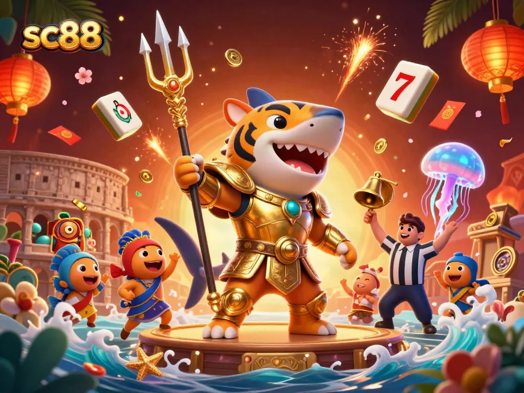 Engage in thrilling slots action with sc88, featuring a fierce tiger shark and vibrant casino elements.