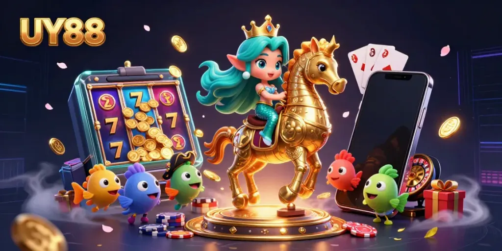Experience the thrilling UY88 action, as a mermaid princess rides a seahorse amidst casino excitement.